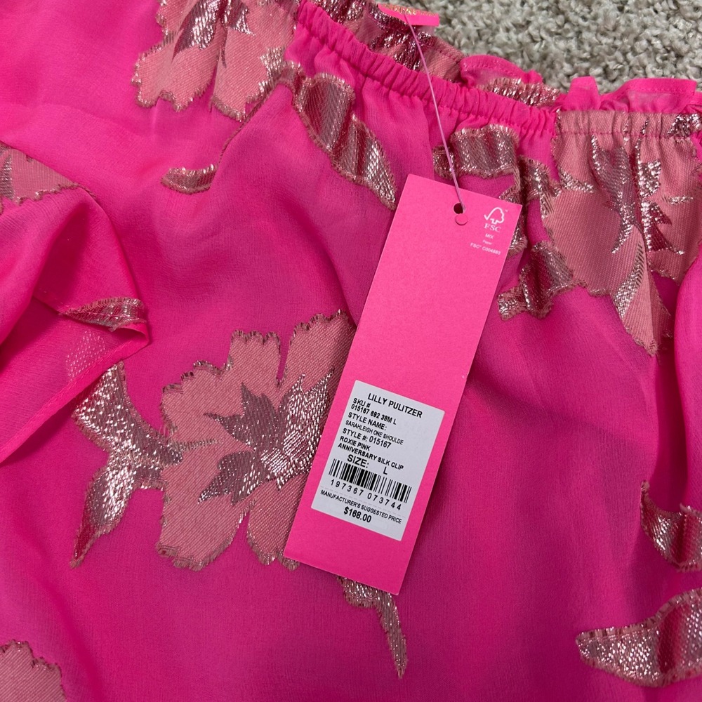 NWT Lilly Pulitzer Sarahleigh One Shoulder Top‎ Roxie Pink Women Size Large Silk - Picture 6 of 9